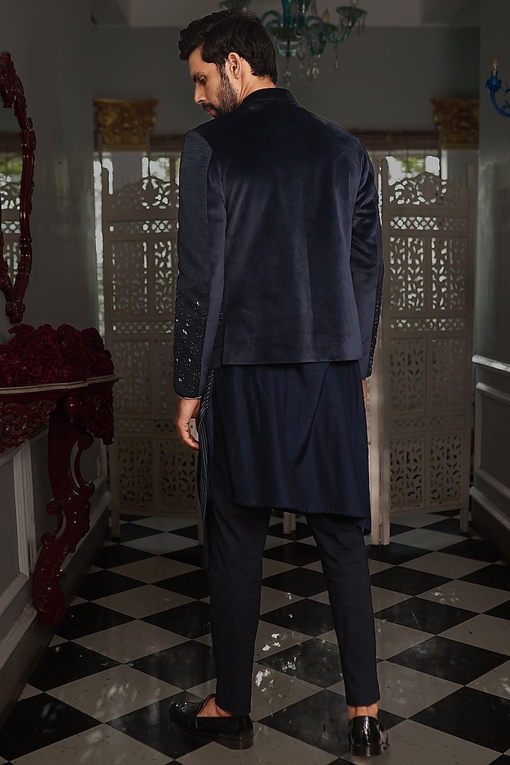 Midnight Blue Suede Embellished Indo-Western Set by YAJY By Aditya Jain at Pernia's Pop Up Shop