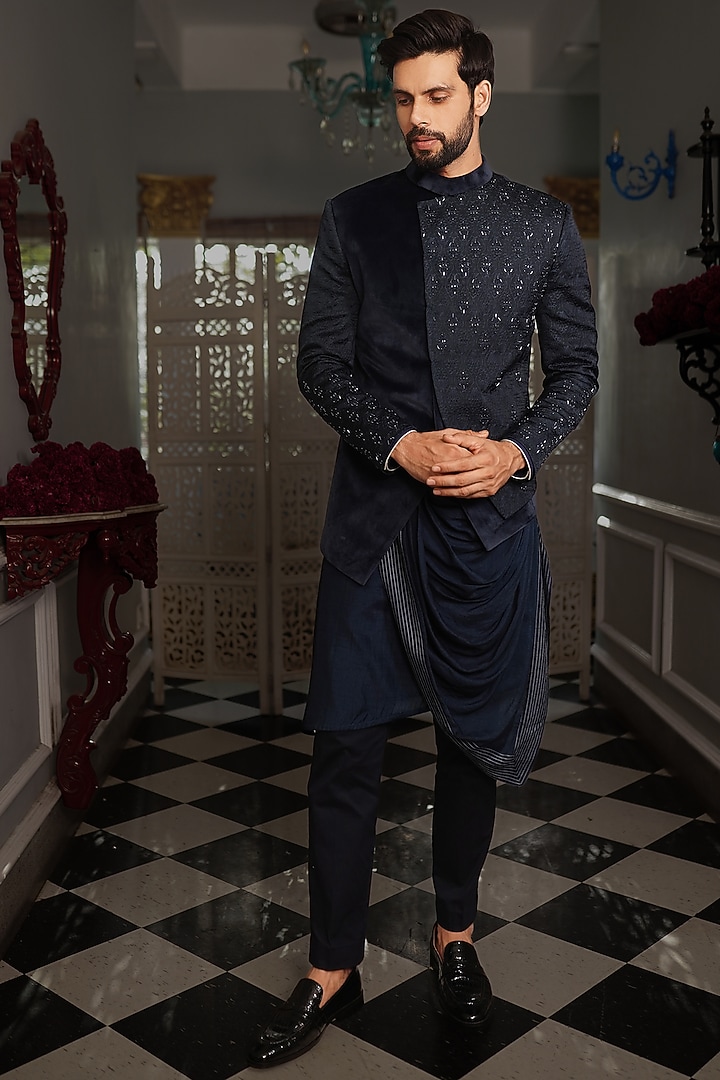 Midnight Blue Suede Embellished Indo-Western Set by YAJY By Aditya Jain at Pernia's Pop Up Shop