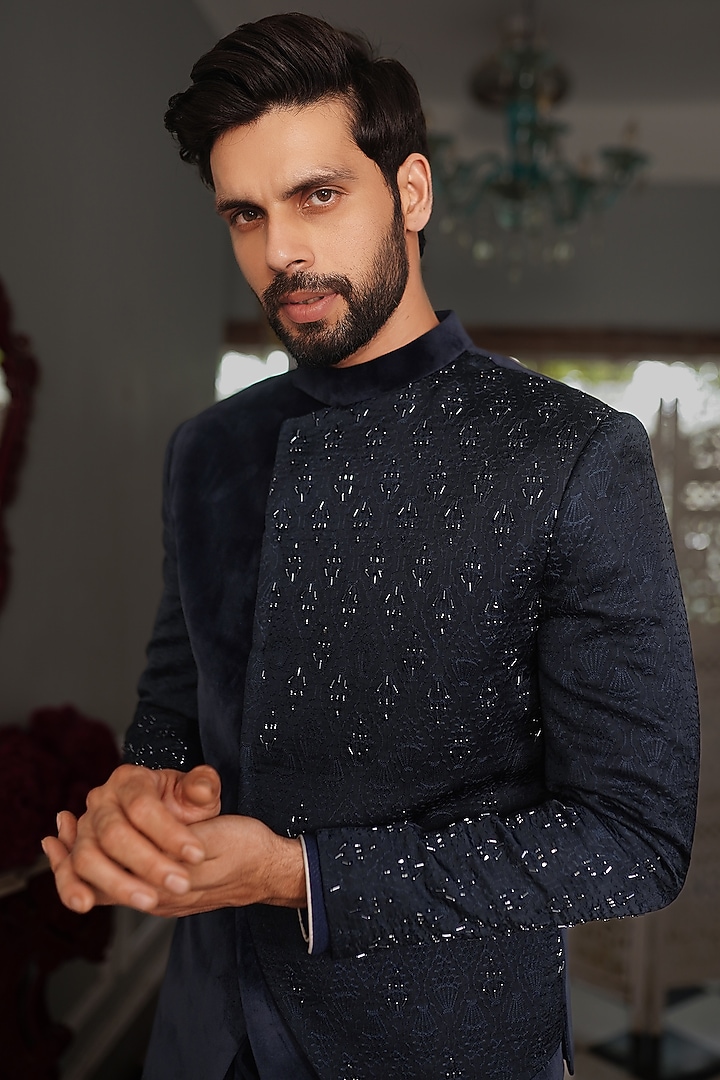 Midnight Blue Suede Embellished Indo-Western Set by YAJY By Aditya Jain at Pernia's Pop Up Shop