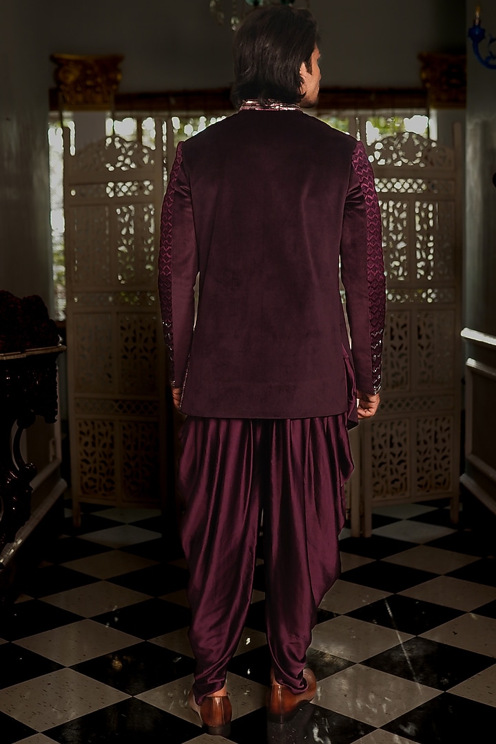 Jamuni Suede & Silk Hand Embroidered Indowestern Set by YAJY By Aditya Jain at Pernia's Pop Up Shop