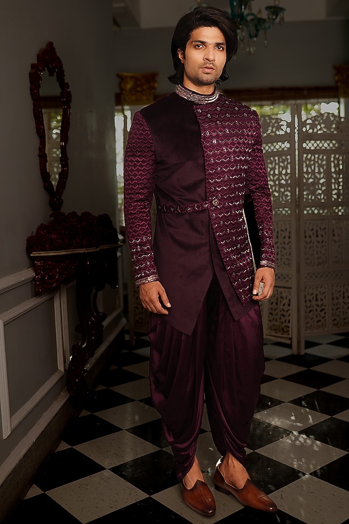Jamuni Suede & Silk Hand Embroidered Indowestern Set by YAJY By Aditya Jain at Pernia's Pop Up Shop