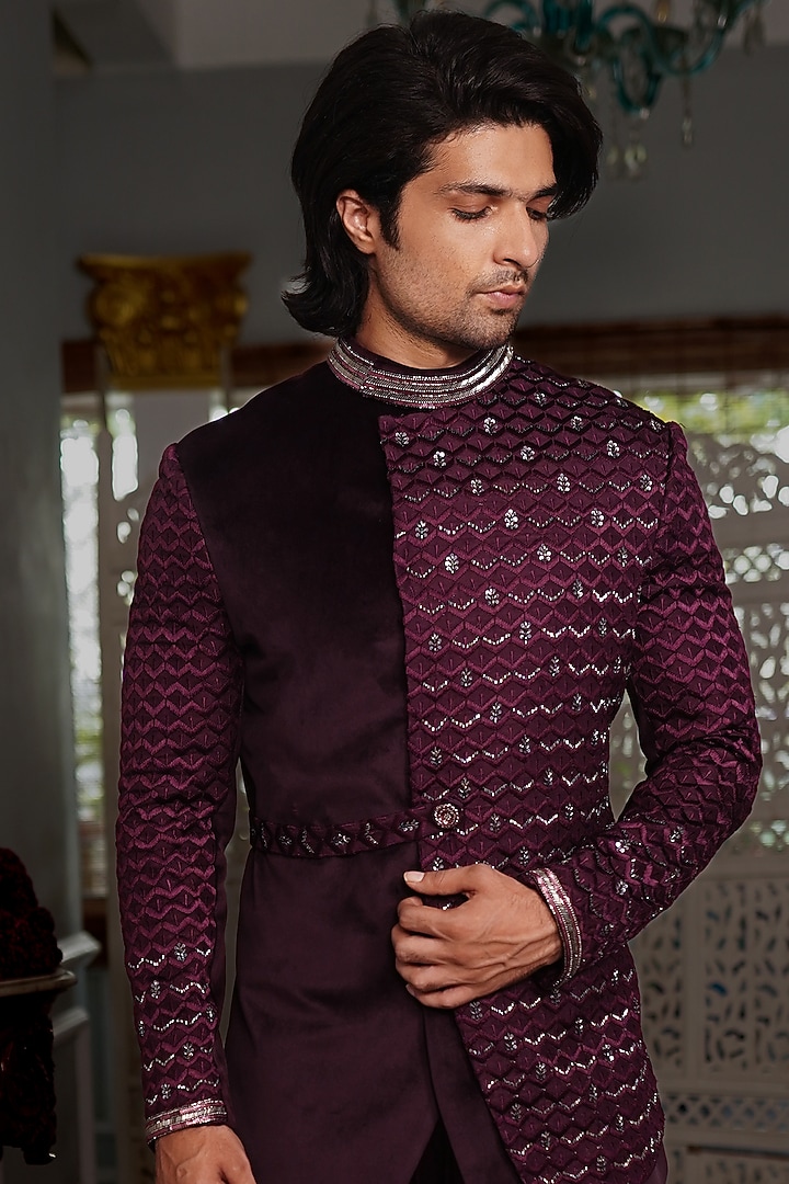 Jamuni Suede & Silk Hand Embroidered Indowestern Set by YAJY By Aditya Jain at Pernia's Pop Up Shop