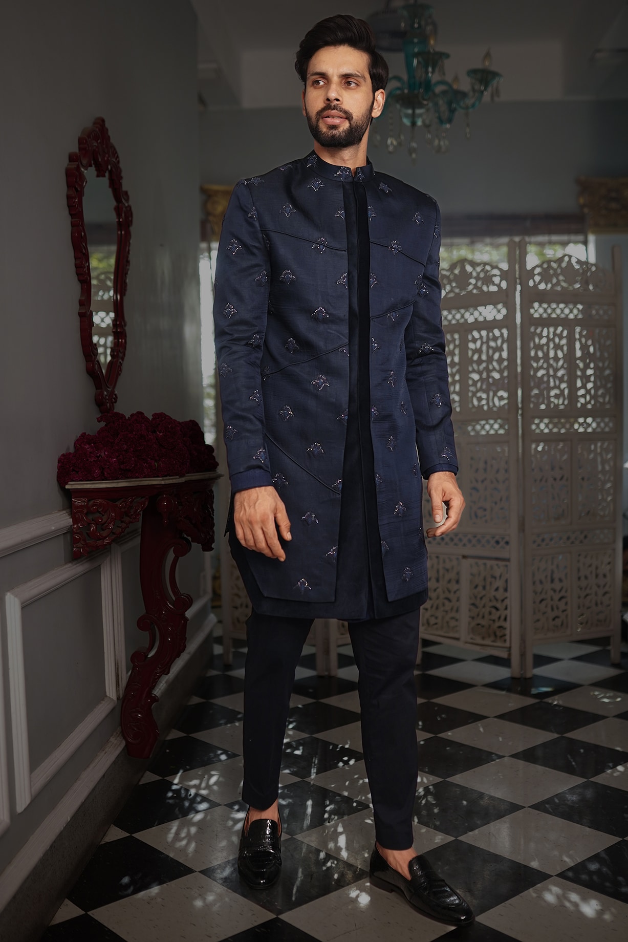 Midnight Blue & Blue Embroidered Indo Western Set by YAJY By Aditya Jain