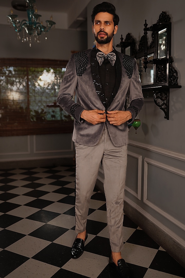 Steal Grey Suede Embroidered Tuxedo Set by YAJY By Aditya Jain