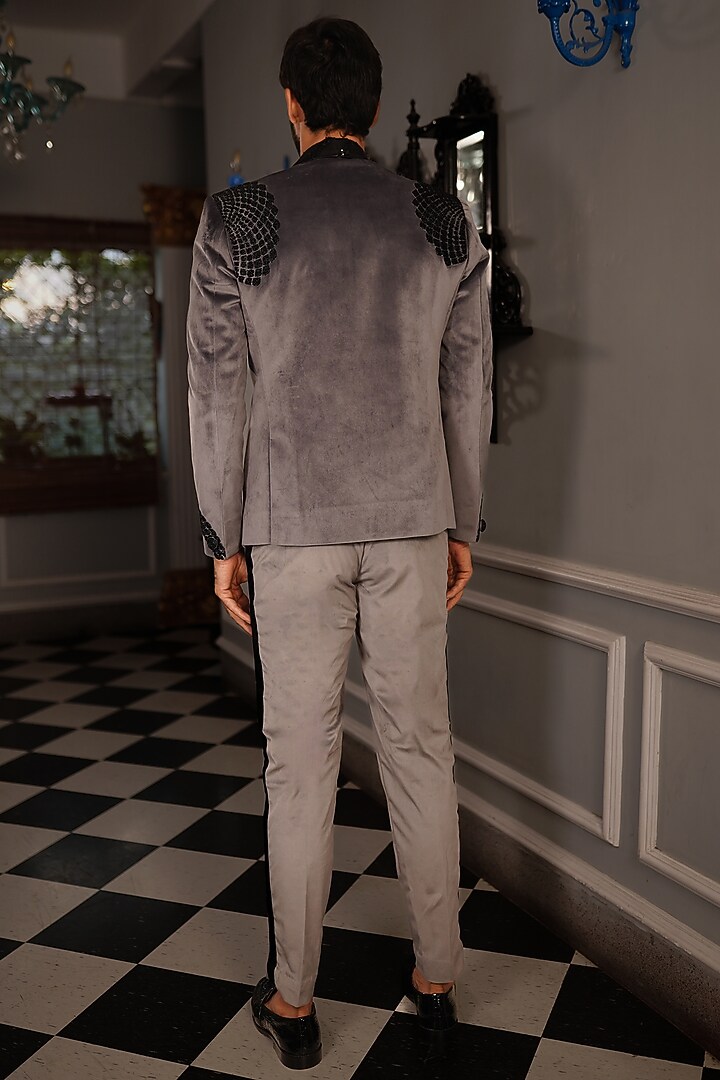 Steal Grey Suede Embroidered Tuxedo Set by YAJY By Aditya Jain at Pernia's Pop Up Shop