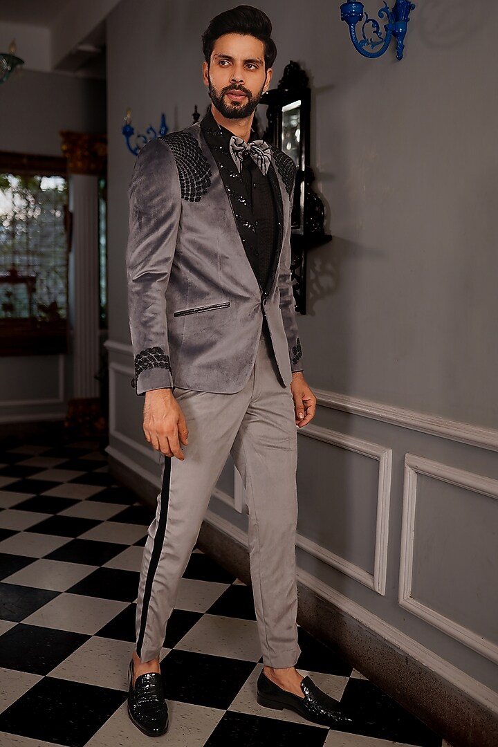 Steal Grey Suede Embroidered Tuxedo Set by YAJY By Aditya Jain at Pernia's Pop Up Shop
