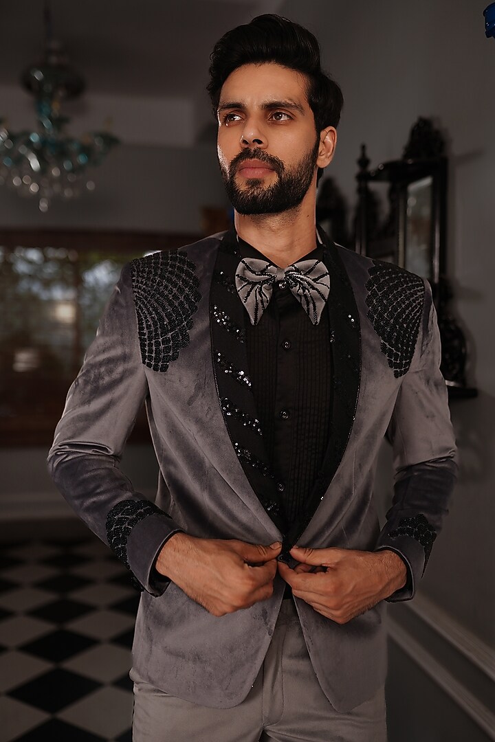 Steal Grey Suede Embroidered Tuxedo Set by YAJY By Aditya Jain at Pernia's Pop Up Shop