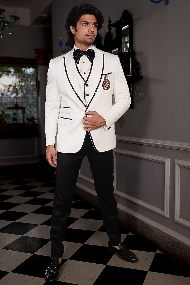 White Italian Suiting Tuxedo Set by YAJY By Aditya Jain