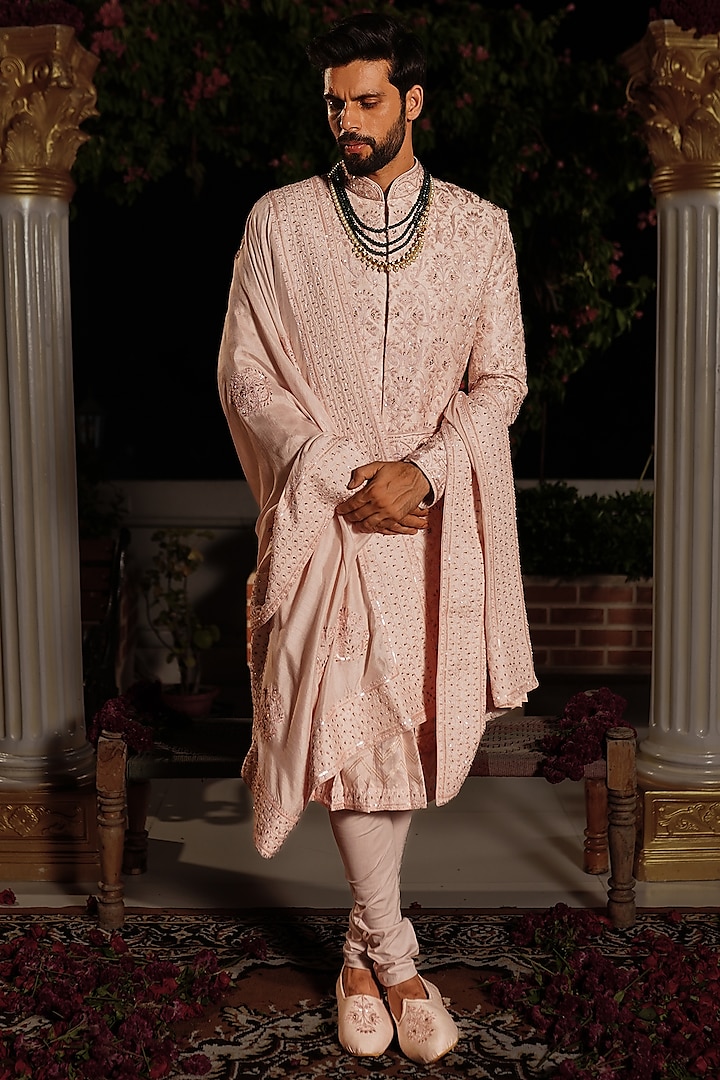 Pink Raw Silk Resham & Zardosi Hand Embroidered Groom Sherwani Set by YAJY By Aditya Jain at Pernia's Pop Up Shop