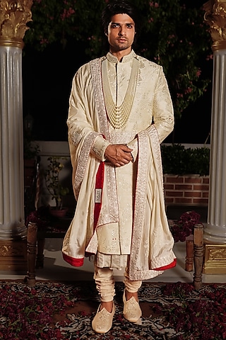 Pink Raw Silk Resham & Sequins Embellished Sherwani Set by YAJY By Aditya Jain