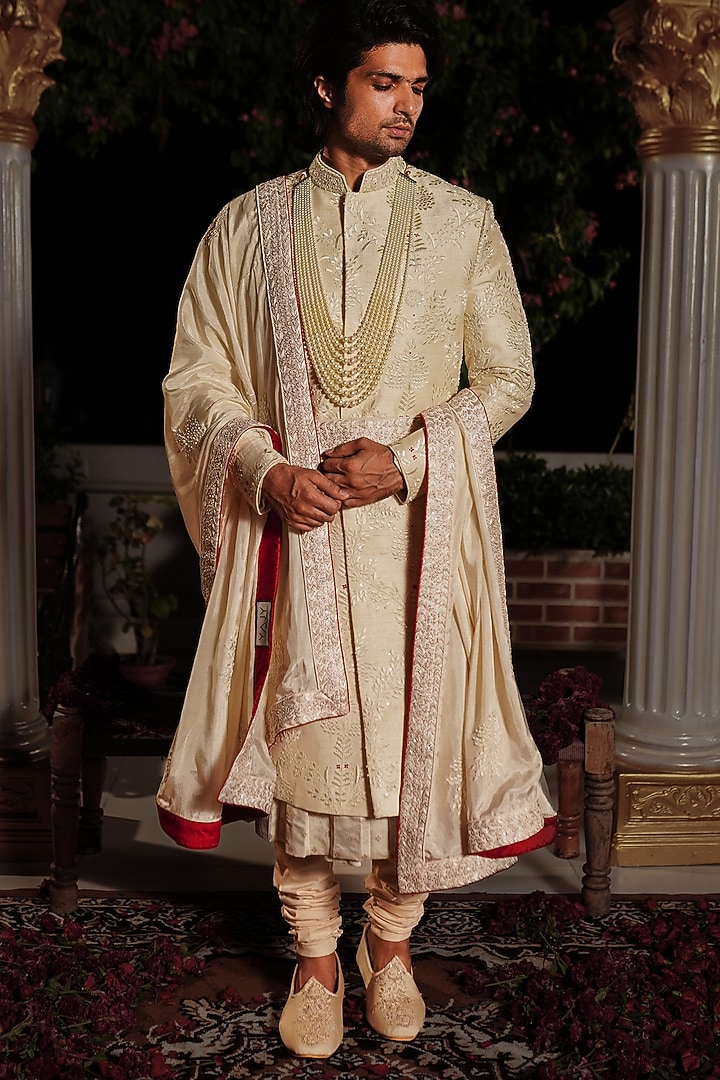 Pink Raw Silk Resham & Sequins Embellished Groom Sherwani Set by YAJY By Aditya Jain at Pernia's Pop Up Shop
