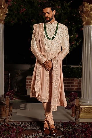 Rose Gold Silk Resham Embroidered Ombre Achkan Sherwani Set by YAJY By Aditya Jain