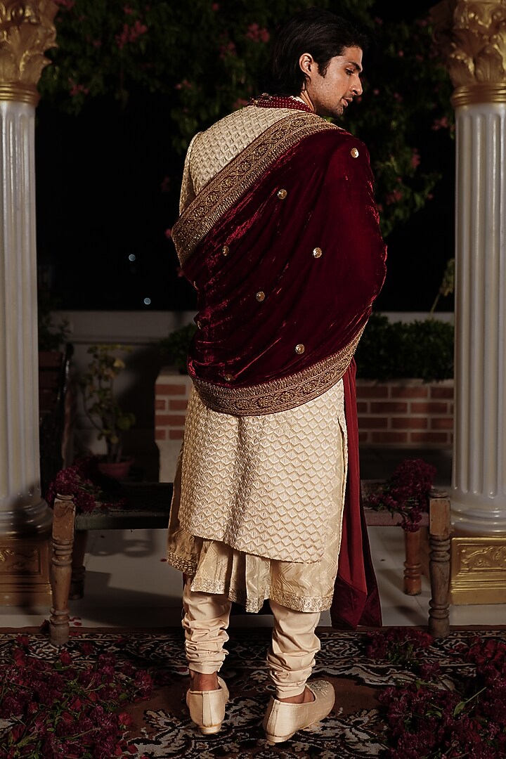 Ivory Raw Silk Moti Hand Embroidered Groom Sherwani Set by YAJY By Aditya Jain at Pernia's Pop Up Shop