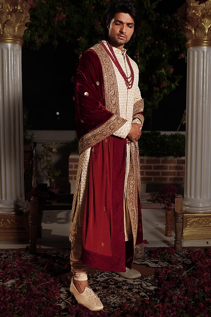 Ivory Raw Silk Moti Hand Embroidered Groom Sherwani Set by YAJY By Aditya Jain at Pernia's Pop Up Shop