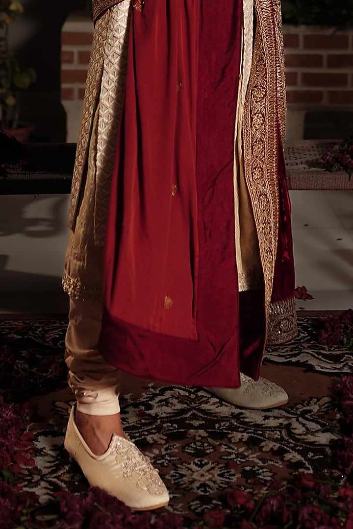 Ivory Raw Silk Moti Hand Embroidered Groom Sherwani Set by YAJY By Aditya Jain at Pernia's Pop Up Shop