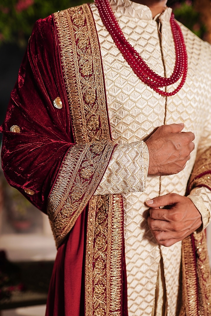 Ivory Raw Silk Moti Hand Embroidered Groom Sherwani Set by YAJY By Aditya Jain at Pernia's Pop Up Shop