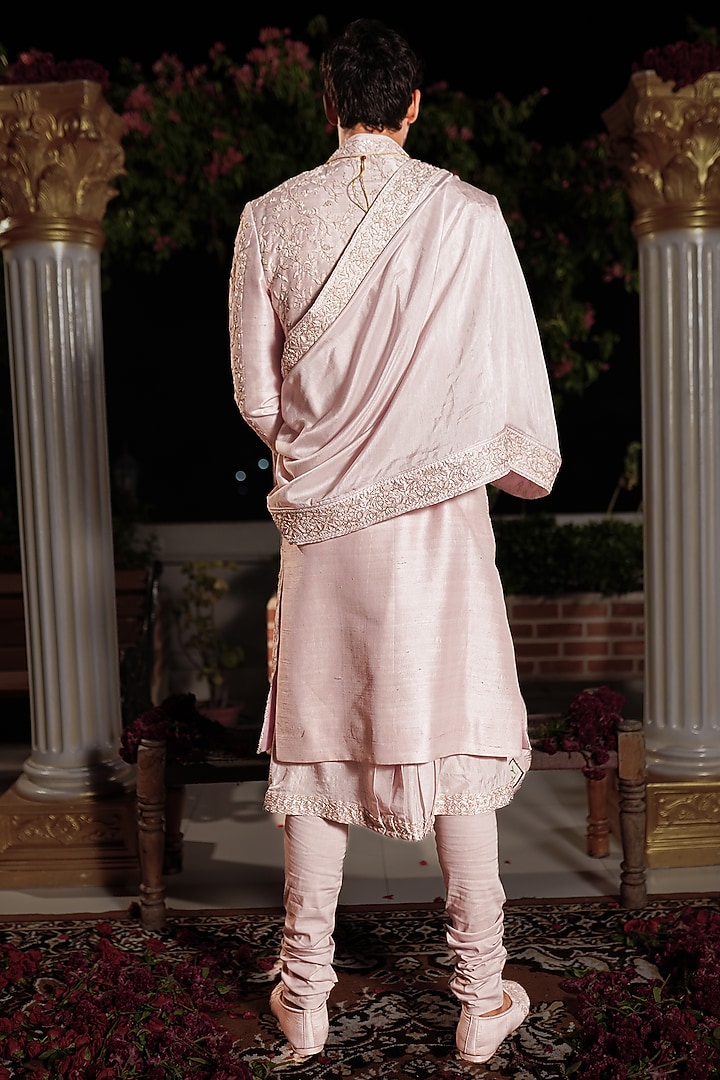 Pink Raw Silk Resham Hand Embroidered Groom Sherwani Set by YAJY By Aditya Jain at Pernia's Pop Up Shop