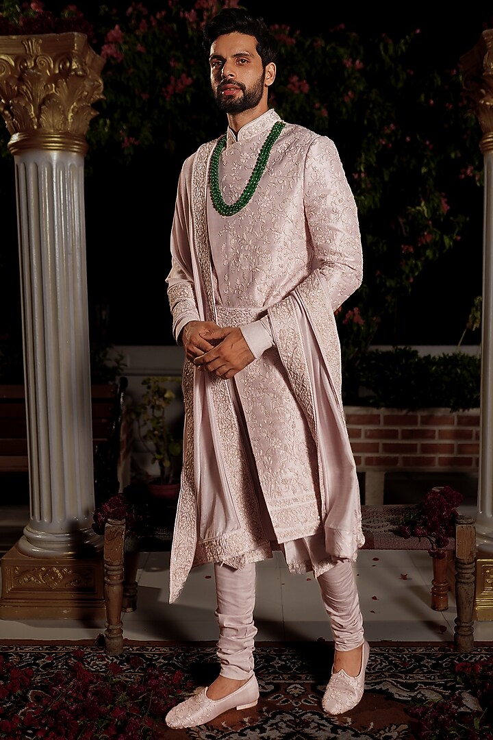Pink Raw Silk Resham Hand Embroidered Groom Sherwani Set by YAJY By Aditya Jain at Pernia's Pop Up Shop
