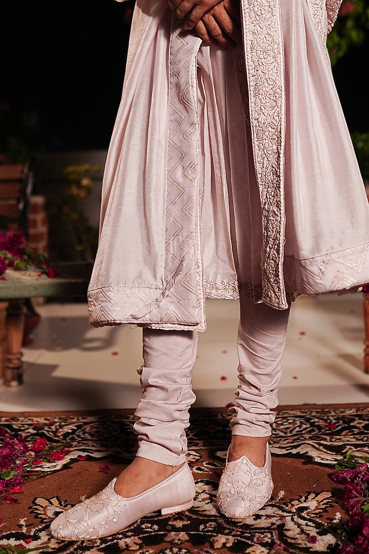 Pink Raw Silk Resham Hand Embroidered Groom Sherwani Set by YAJY By Aditya Jain at Pernia's Pop Up Shop