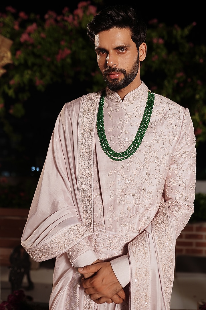 Pink Raw Silk Resham Hand Embroidered Groom Sherwani Set by YAJY By Aditya Jain at Pernia's Pop Up Shop