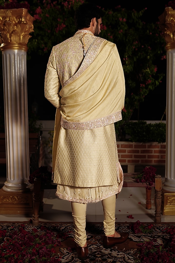 Mint Green Raw Silk Moti & Pearl Hand Embroidered Groom Sherwani Set by YAJY By Aditya Jain at Pernia's Pop Up Shop