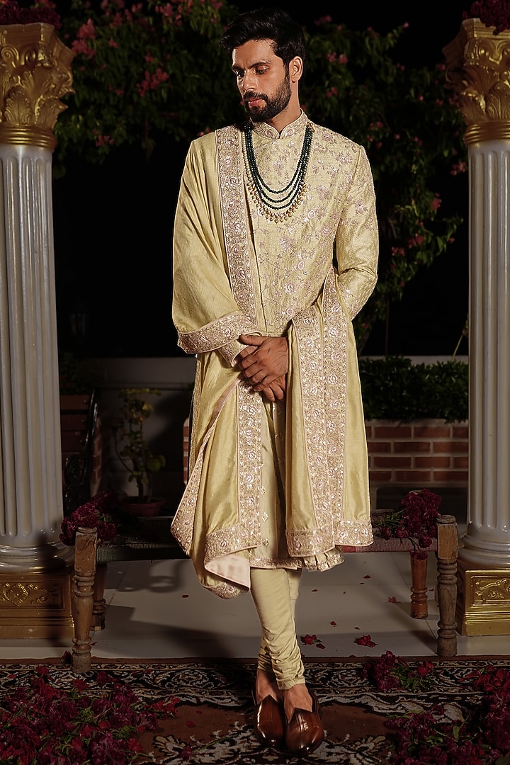 Mint Green Raw Silk Moti & Pearl Hand Embroidered Groom Sherwani Set by YAJY By Aditya Jain at Pernia's Pop Up Shop