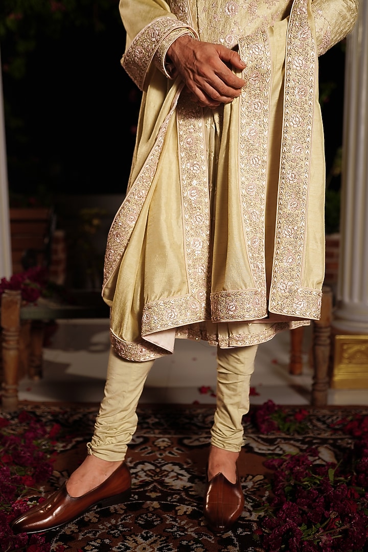 Mint Green Raw Silk Moti & Pearl Hand Embroidered Groom Sherwani Set by YAJY By Aditya Jain at Pernia's Pop Up Shop