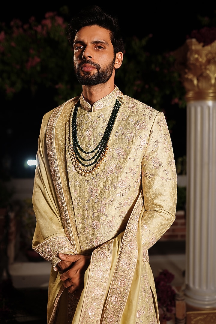 Mint Green Raw Silk Moti & Pearl Hand Embroidered Groom Sherwani Set by YAJY By Aditya Jain at Pernia's Pop Up Shop