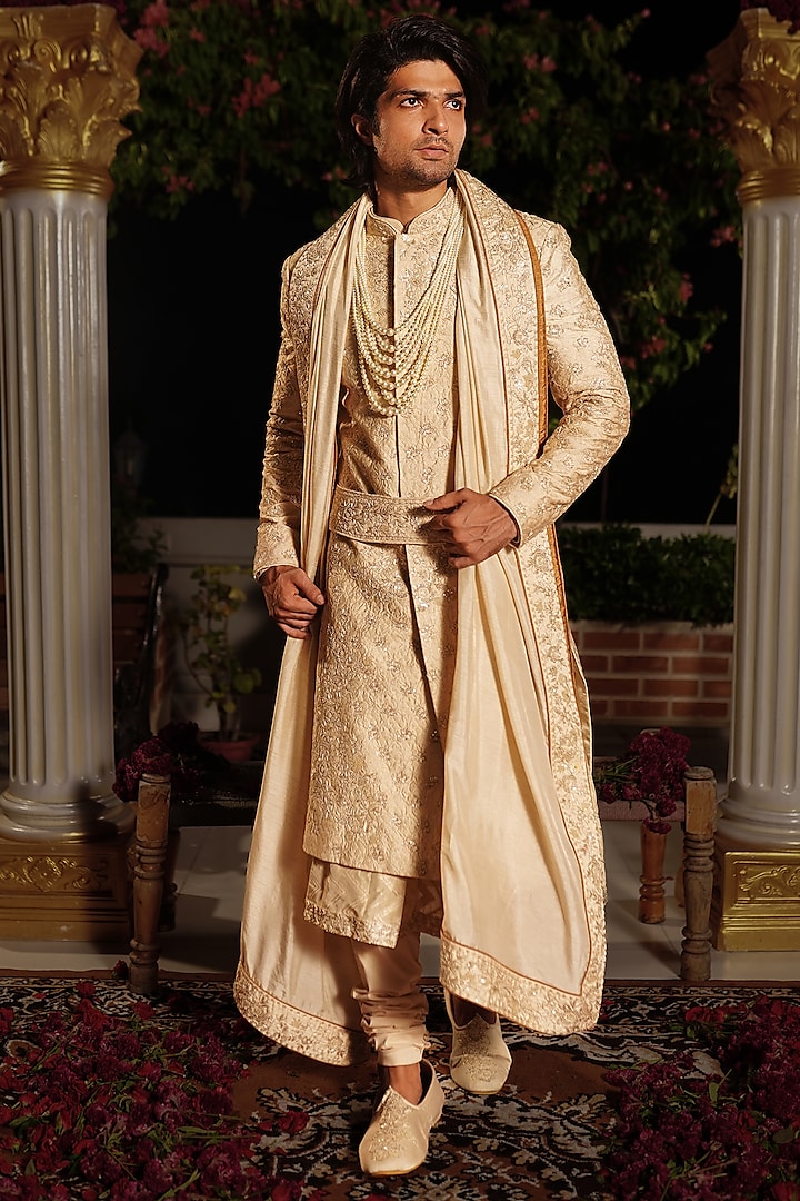 Ivory Raw Silk Moti & Pearl Hand Embroidered Sherwani Set by YAJY By Aditya Jain