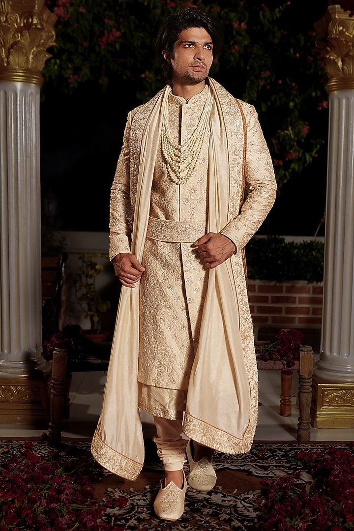 Ivory Raw Silk Moti & Pearl Hand Embroidered Groom Sherwani Set by YAJY By Aditya Jain at Pernia's Pop Up Shop