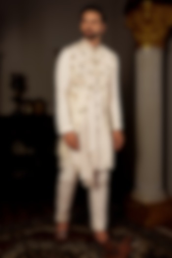 Off-White Embellished Jacket With Kurta Set by YAJY By Aditya Jain