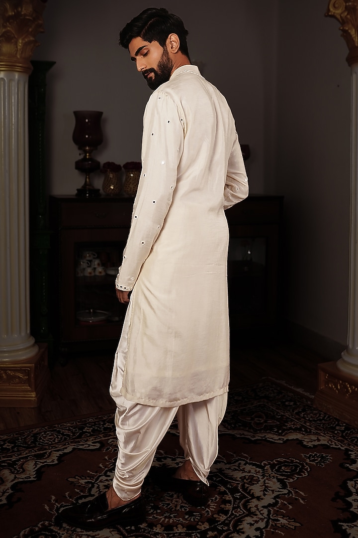 White Silk Mirror Embellished Kurta Set by YAJY By Aditya Jain at Pernia's Pop Up Shop