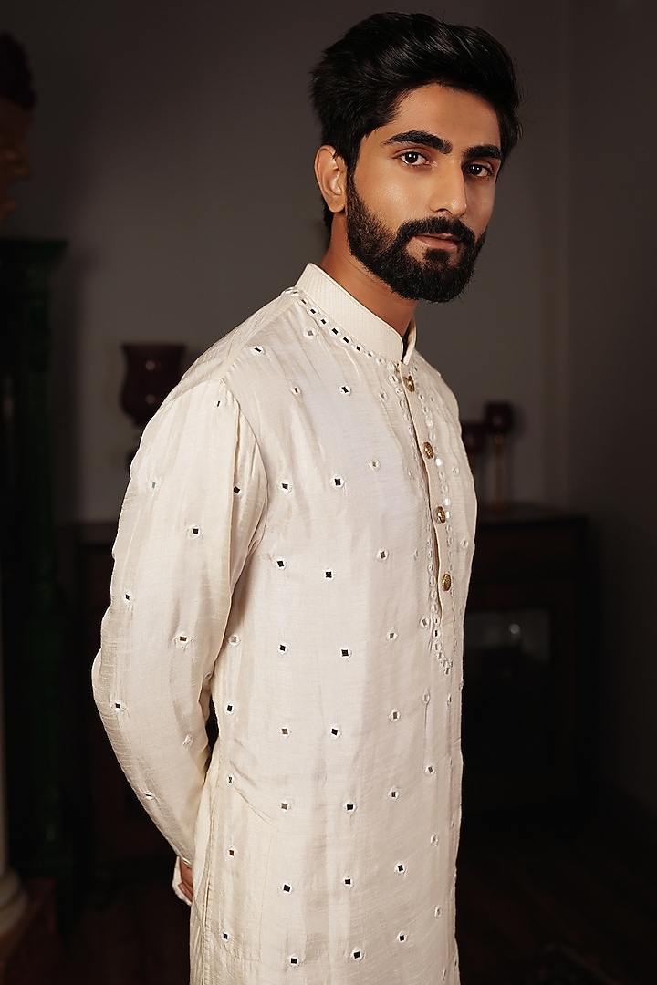 White Silk Mirror Embellished Kurta Set by YAJY By Aditya Jain at Pernia's Pop Up Shop