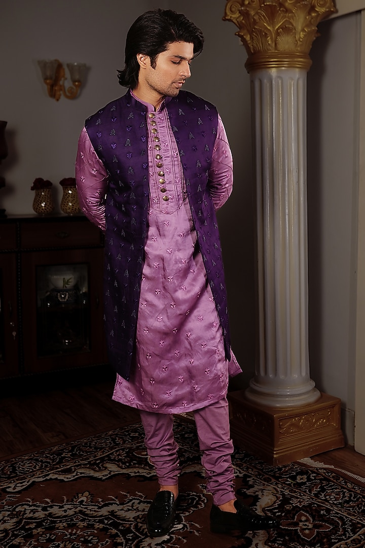 Onion Pink Raw Silk Kurta Set With Jacket by YAJY By Aditya Jain