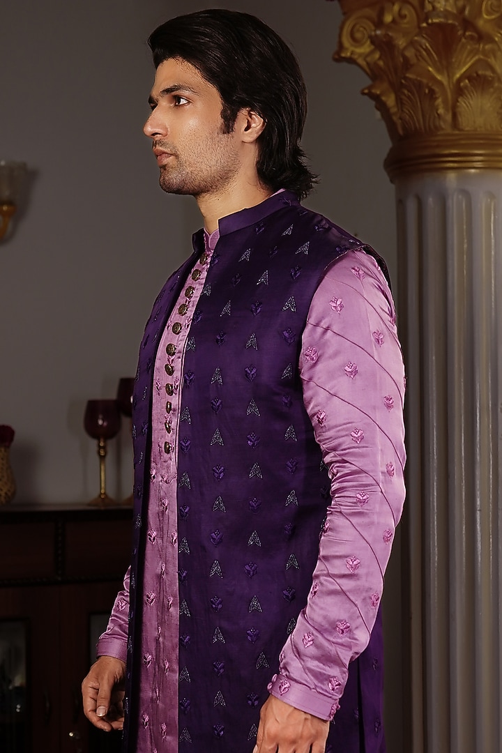 Onion Pink Raw Silk Kurta Set With Jacket by YAJY By Aditya Jain at Pernia's Pop Up Shop