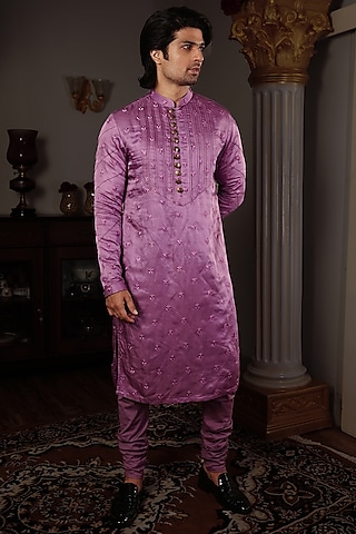 Onion Pink Raw Silk Kurta Set by YAJY By Aditya Jain