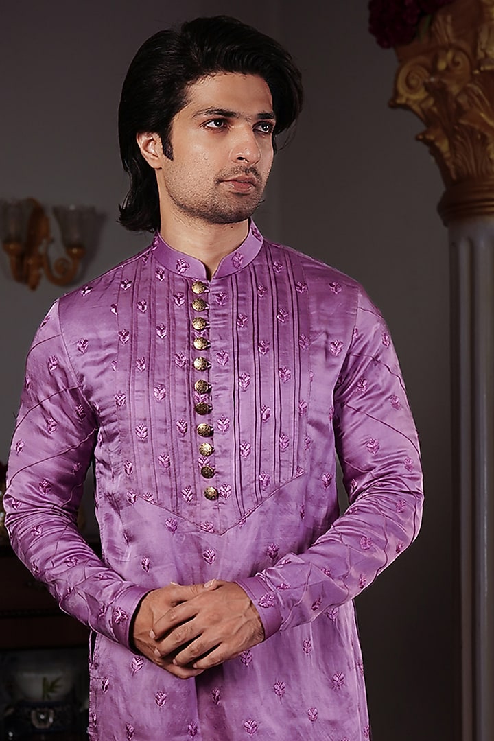 Onion Pink Raw Silk Kurta Set by YAJY By Aditya Jain at Pernia's Pop Up Shop