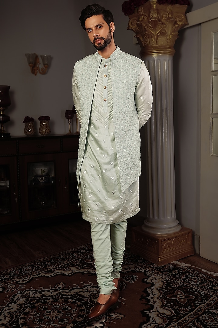 Aqua Green Silk Indowestern Set by YAJY By Aditya Jain at Pernia's Pop Up Shop