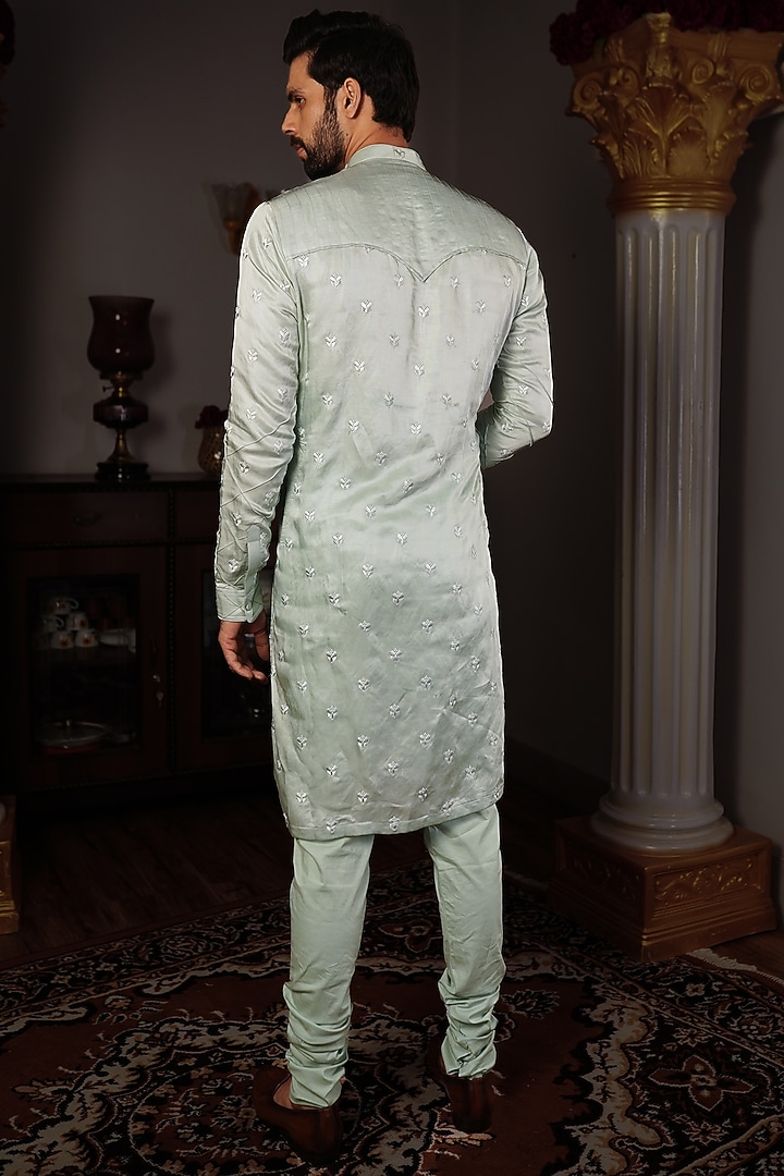Aqua Green Silk Floral Motif Embroidered Kurta Set by YAJY By Aditya Jain at Pernia's Pop Up Shop