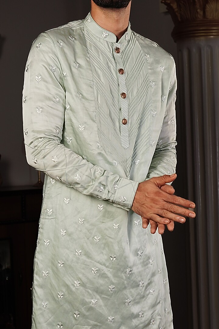 Aqua Green Silk Floral Motif Embroidered Kurta Set by YAJY By Aditya Jain at Pernia's Pop Up Shop