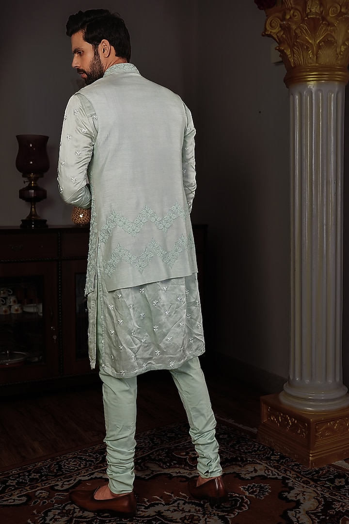 Aqua Silk Floral Motif Hand Embroidered Handcrafted Bundi Jacket by YAJY By Aditya Jain at Pernia's Pop Up Shop