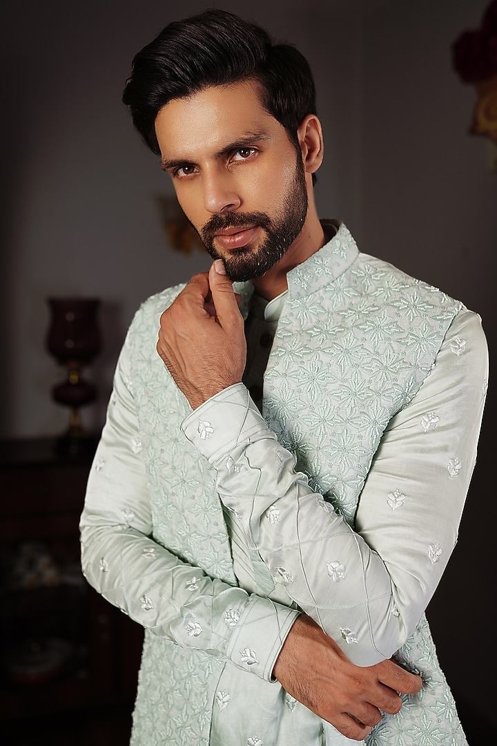 Aqua Silk Floral Motif Hand Embroidered Handcrafted Bundi Jacket by YAJY By Aditya Jain at Pernia's Pop Up Shop