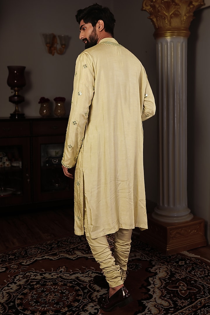 Mint Yellow Silk Mirror Work Kurta Set by YAJY By Aditya Jain at Pernia's Pop Up Shop