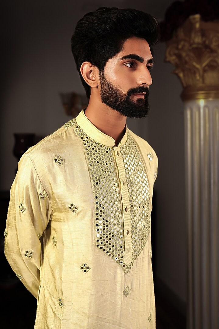 Mint Yellow Silk Mirror Work Kurta Set by YAJY By Aditya Jain at Pernia's Pop Up Shop