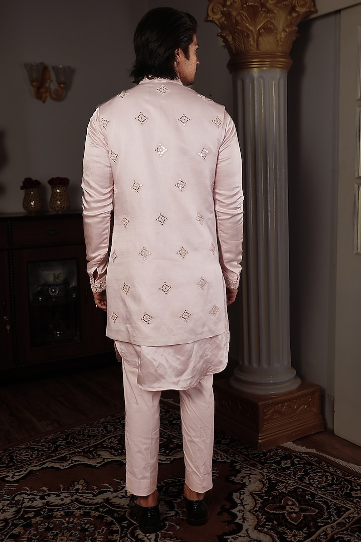 Baby Pink Silk Indowestern Jacket With Mirror Work by YAJY By Aditya Jain at Pernia's Pop Up Shop