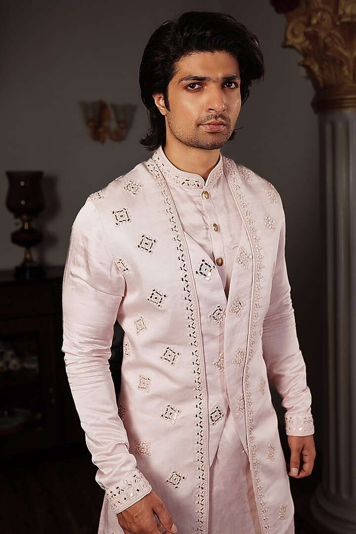 Baby Pink Silk Indowestern Jacket With Mirror Work by YAJY By Aditya Jain at Pernia's Pop Up Shop