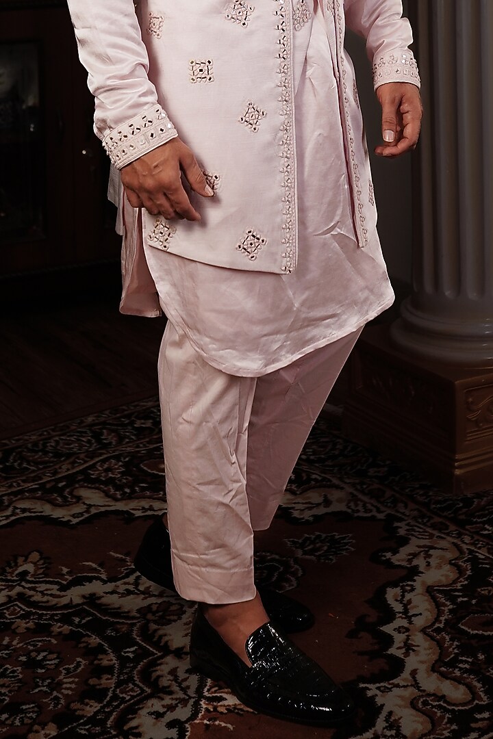 Baby Pink Silk Indowestern Jacket With Mirror Work by YAJY By Aditya Jain at Pernia's Pop Up Shop