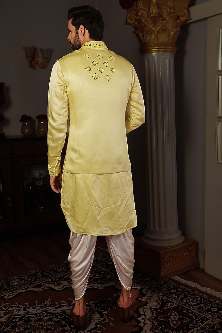 Lemon Yellow Silk Mirror Work Bundi Jacket by YAJY By Aditya Jain at Pernia's Pop Up Shop