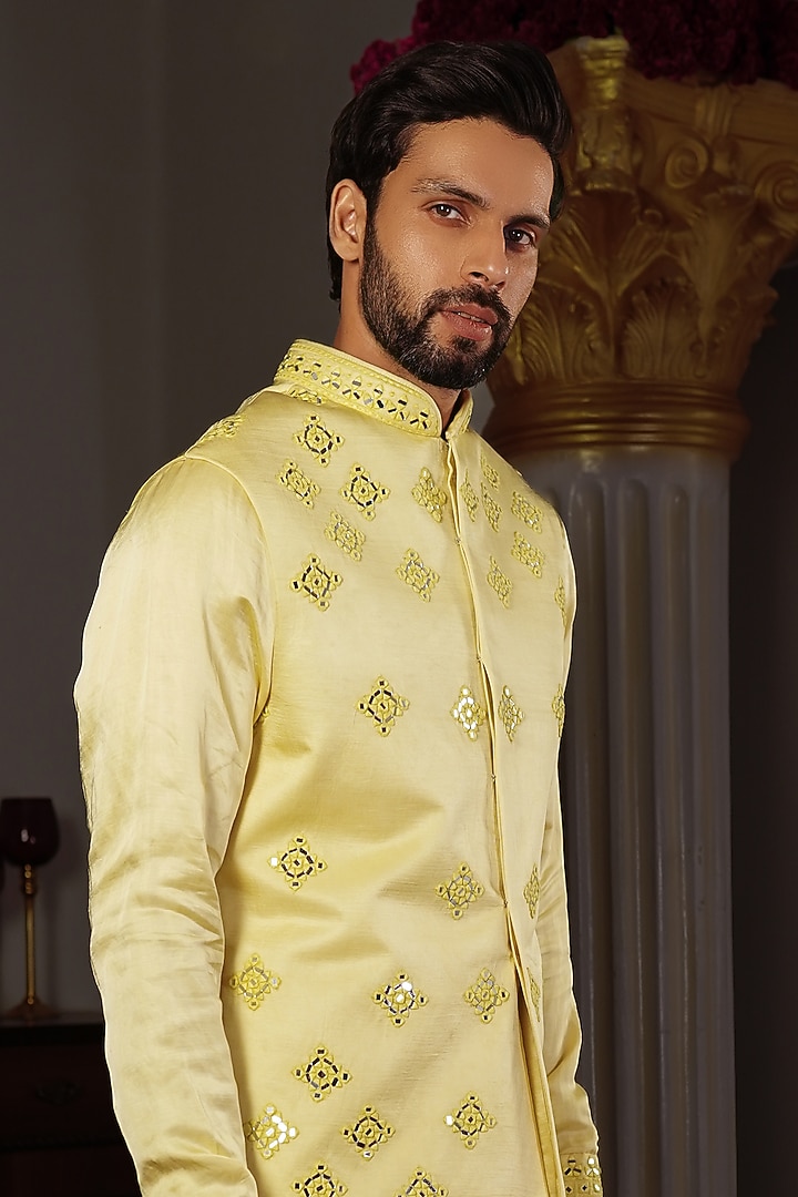 Lemon Yellow Silk Mirror Work Bundi Jacket by YAJY By Aditya Jain at Pernia's Pop Up Shop