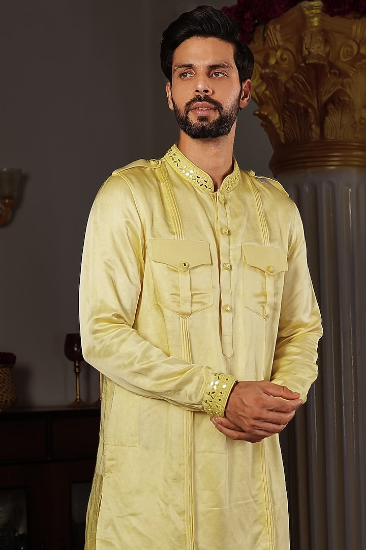Lemon Yellow Silk Embroidered Kurta Set by YAJY By Aditya Jain at Pernia's Pop Up Shop